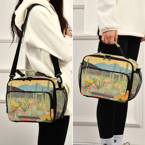 Person carrying Desert Bloom Insulated Lunch Bag with handles and shoulder strap, large capacity, desert scene print.