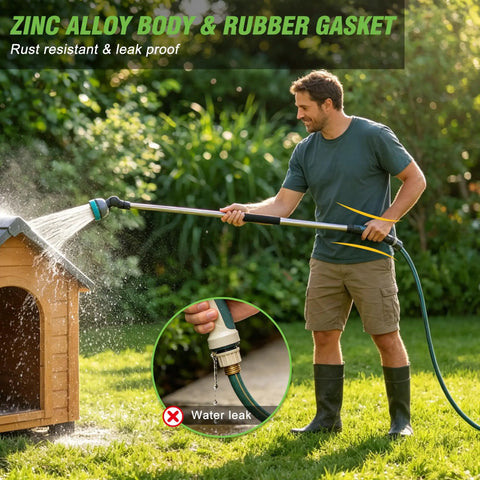 Man using Extendable Watering Wand 37 To 55 Inch With 9 Pattern Heavy Duty Metal Nozzle Pivot Head And Thumb Flow Control