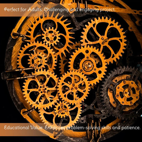 Close-up of intricate gears from Steampunk 3D Puzzle Clock Kit For Adults With 378 Pieces Including 43 Spare Parts DIY Mechanical Wall Clock