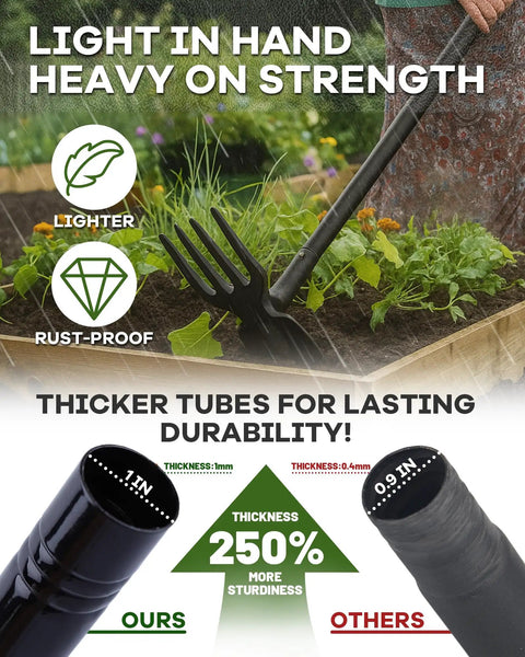 5 In 1 Garden Hoe With Adjustable 37 To 50 Inch Handle And Snap On Heads For Weeding Cultivating Tilling And Raking A Real Workhorse Outdoor Tool For Garden Beds Yards Camping And More, highlighting lightweight rust-proof design and tube durability comparison.