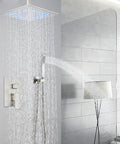 12 Inch LED Square Showerhead Kit With Handheld Spray, High Pressure Rain System in brushed nickel, installed in modern bathroom