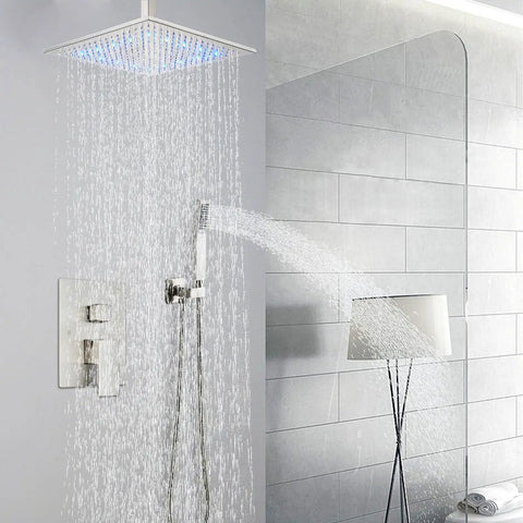 12 Inch LED Square Showerhead Kit With Handheld Spray, High Pressure Rain System in brushed nickel, installed in modern bathroom
