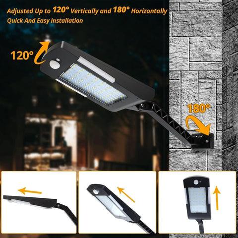 Outdoor Solar Flood Lights 48 LED Cordless Waterproof with Motion Sensor Mounted on Wall Showing Adjustable Angles