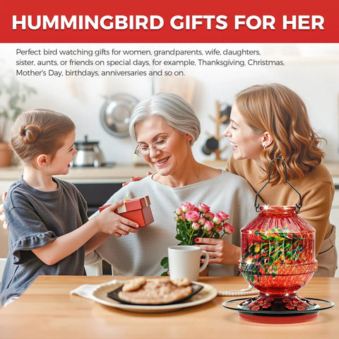 Family giving gift near vibrant hummingbird feeder for outdoors with 25 ounce nectar jar five flower ports perch