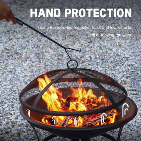 Person using poker with 22 Inch Outdoor Fire Pit With Mesh Lid And Log Grate For Backyard Deck Camping And Picnics Durable Steel Construction