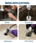 Heavy Duty Electric Drain Cleaner And Manual Feed Sewer Snake Auger Knocking Nasty Pipe Clogs Dead With 120 Ft Industrial Grade Steel Wire in use in various applications.