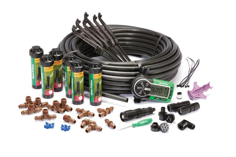DIY Self Install In Ground Automatic Sprinkler System Kit For Medium Lawn No Sweat Auto Watering components displayed.