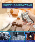 Air Blow Gun With Brass Adjustable Nozzle And Flexible Hose for cleaning machinery and tight gaps, shown in a workshop setting.