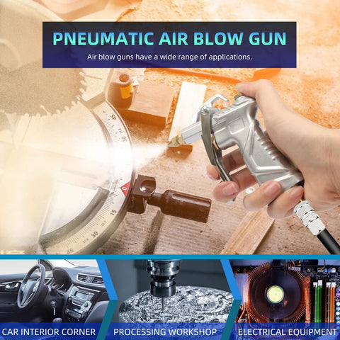 Air Blow Gun With Brass Adjustable Nozzle And Flexible Hose for cleaning machinery and tight gaps, shown in a workshop setting.