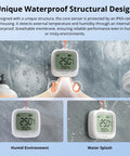 IP65 Waterproof Zigbee LCD Temperature And Humidity Sensor For Greenhouse And Bathroom No Fuss Smart Home Monitoring With App Charts Easy Setup And Flexible Installation, white LCD unit in wet environment