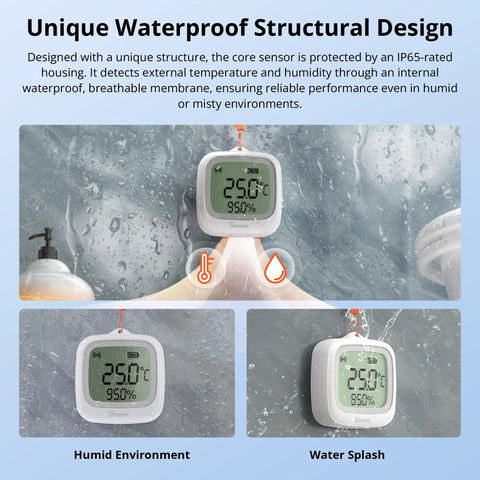 IP65 Waterproof Zigbee LCD Temperature And Humidity Sensor For Greenhouse And Bathroom No Fuss Smart Home Monitoring With App Charts Easy Setup And Flexible Installation, white LCD unit in wet environment