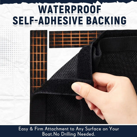 Close-up of self-adhesive backing on tear-resistant waterproof mesh bag from Four Pack 10 By 7 Boat Mesh Storage Bags With Self Adhesive Backing Tear Resistant And Waterproof Ideal Onboard Organizer For Tackle Tools Gear Gloves And Small Items For Sailboats And Pontoon Boats.
