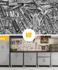 Before and after comparison of Metal Garage Storage Cabinet System 10 Piece Set For The Workshop With Lockable Wall Cabinets.