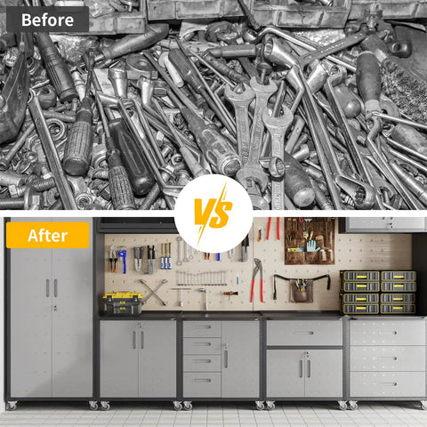 Before and after comparison of Metal Garage Storage Cabinet System 10 Piece Set For The Workshop With Lockable Wall Cabinets.