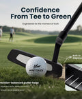 Close-up of a putter and ball on green from 8 Piece Golf Club Set For Men With Stand Bag Driver Hybrid 5 7 9 Pitching Wedge Putter Right Handed Black Great For Beginners And Casual Players With High Forgiveness And Ample Distance Game Ready Feel
