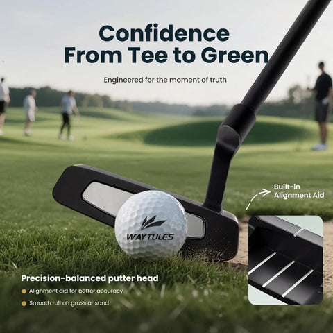 Close-up of a putter and ball on green from 8 Piece Golf Club Set For Men With Stand Bag Driver Hybrid 5 7 9 Pitching Wedge Putter Right Handed Black Great For Beginners And Casual Players With High Forgiveness And Ample Distance Game Ready Feel