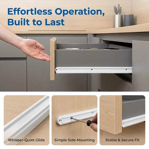Six Piece Set Of White Plastic Drawer Slides For Kitchen Cabinets Featuring Precision Groove Tracks For No Sweat Assembly Breezy Do It Yourself Installation And Smooth Operator Glide Performance Each Time with a hand operating a gray drawer.