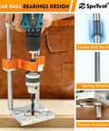Auto Line Portable Drill Guide For Straight Holes Half Inch Keyed Chuck Hand Drill Press Adapter Depth Up To One Hundred Sixty Millimeters shown in use on wood surface