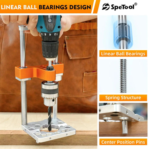 Auto Line Portable Drill Guide For Straight Holes Half Inch Keyed Chuck Hand Drill Press Adapter Depth Up To One Hundred Sixty Millimeters shown in use on wood surface