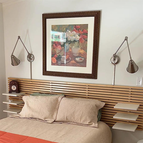 Bedroom setup with Dope Industrial 18 Inch Swing Arm Wall Lamp Set of 2 With Adjustable Head Plug In Or Wall Mount Cord Covers Brushed Nickel Finish Vintage Modern Sconce Lighting for Living Room Or Bedroom.