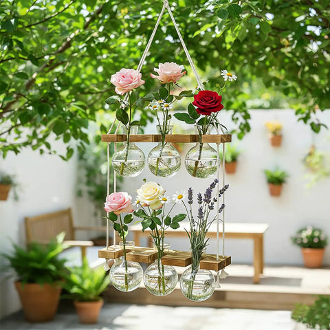 Wall Hanging Plant Propagation Station With 6 Glass Bulb Vases Two Tier Wooden Terrarium Stand for Hydroponics displayed outdoors