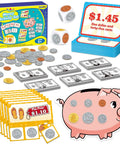 Kid Friendly Money Mastery Activity Set with play bills, coins, puzzle cards, price tags, piggy bank card, dice for pretend play.