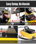 High-Pressure Air Hydraulic Pump Kit With 10,000 PSI Power, 0.6 Gal Reservoir, Foot Pedal Operation, 6.6 Ft Hose And Spray Gun, NPT Three-Eighth Inch Outlet And One-Quarter Inch Inlet, Yellow Built-To-Last Workhorse For 10-Ton Jobs. Easy setup steps for yellow air hydraulic pump kit