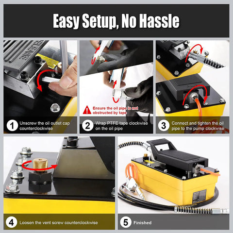 High-Pressure Air Hydraulic Pump Kit With 10,000 PSI Power, 0.6 Gal Reservoir, Foot Pedal Operation, 6.6 Ft Hose And Spray Gun, NPT Three-Eighth Inch Outlet And One-Quarter Inch Inlet, Yellow Built-To-Last Workhorse For 10-Ton Jobs. Easy setup steps for yellow air hydraulic pump kit