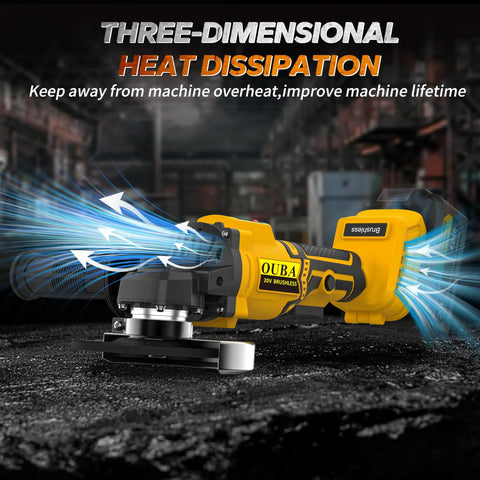 Cordless 4.5 Inch Angle Grinder With Brushless Motor And LED 3 Speed Settings 20V Max Battery Compatible shown with airflow highlights