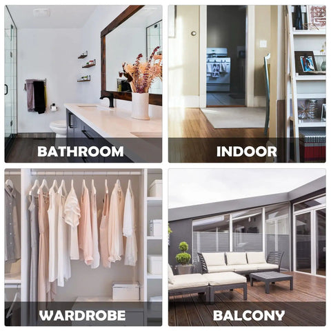 4 images showing versatile uses for 6 Pcs Stainless Steel Wall Hooks Zero Damage Install No Sweat Mount in bathroom, indoor, wardrobe, and balcony.