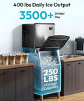 Game Changing Commercial Ice Maker That Smoothly Drops 400 Pounds Daily With Spacious 250 Pound Bin, showcasing ice storage and machine.