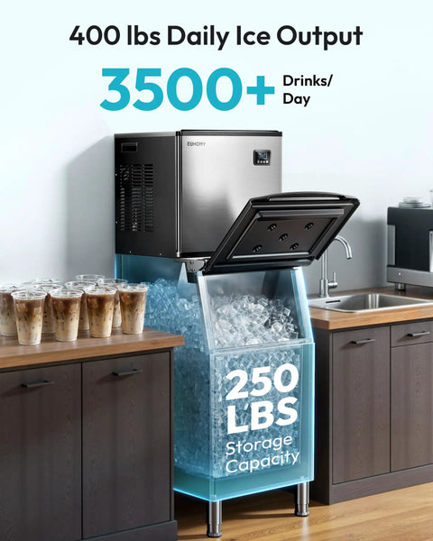 Game Changing Commercial Ice Maker That Smoothly Drops 400 Pounds Daily With Spacious 250 Pound Bin, showcasing ice storage and machine.