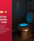 Toilet Light With Motion Sensor And 20 Color Changing LEDs, Battery Powered Bathroom Night Light illuminating a toilet bowl