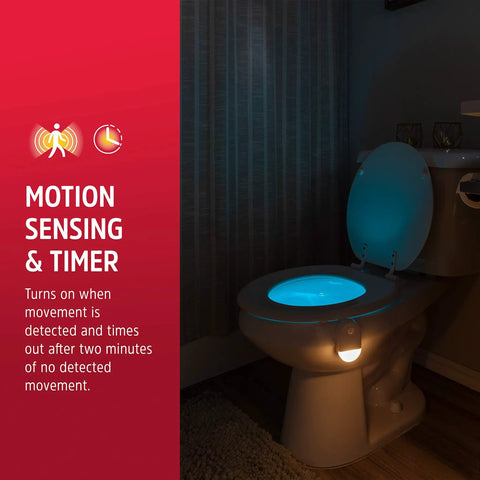 Toilet Light With Motion Sensor And 20 Color Changing LEDs, Battery Powered Bathroom Night Light illuminating a toilet bowl