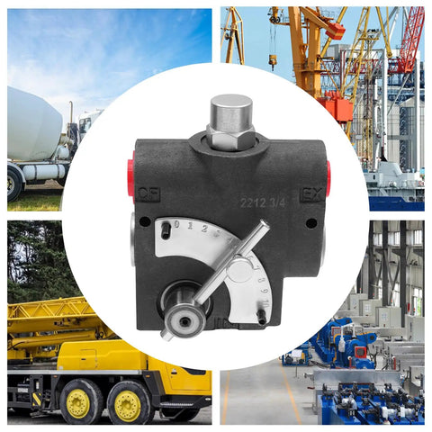 Hydraulic Adjustable Flow Control Valve 0 To 30 GPM, 3000 PSI, Heavy Duty Workhorse With Three Quarter Inch NPT Port, shown in use with machinery.