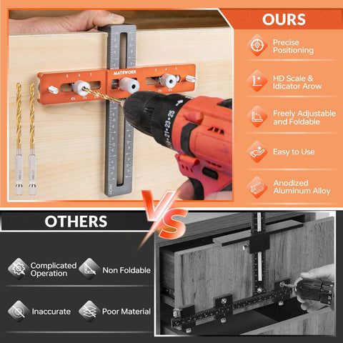 All In One Cabinet Handle Jig With Adjustable Knob And Precision Drill Guide for drawers, cupboards, doors, aligned for easy drilling.