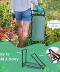 Garden Kneeler Bench With Tools Pouch Foldable Garden Seat Stool lightly folded, carried by person, surrounded by flowers.