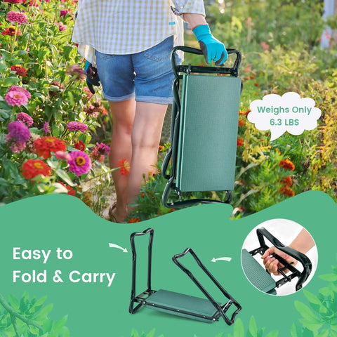 Garden Kneeler Bench With Tools Pouch Foldable Garden Seat Stool lightly folded, carried by person, surrounded by flowers.