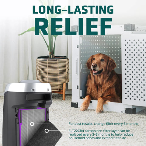 True HEPA Pet PURE Air Filter Replacement B for C4900 AC4825 AC4850PT CDAP4500 AC4300 and more shown near a dog crate.