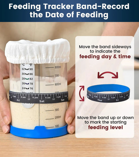 Person adjusting feeding tracker band on Sourdough Starter Kit 2 Pack 34Oz Organic Glass Jars Wide Mouth With Lids For Home Bakers