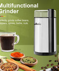 Electric Coffee Grinder With Quiet Operation, One Touch Grinding For Beans And Spices, stylish design next to coffee and spices