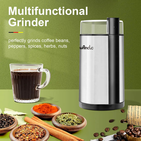 Electric Coffee Grinder With Quiet Operation, One Touch Grinding For Beans And Spices, stylish design next to coffee and spices