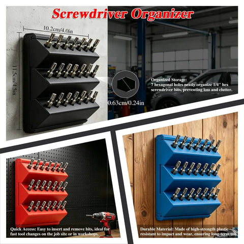 45 Degree Angled Hex Bit Organizer With 21 Hole Drill Bit Holder, showing black, red, and blue wall mounted storage options