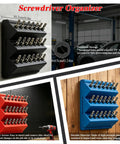 1/4 Inch Hex Bit Organizer With 21 Hole Drill Bit Holder, black, blue, and red versions shown installed on wall and pegboard