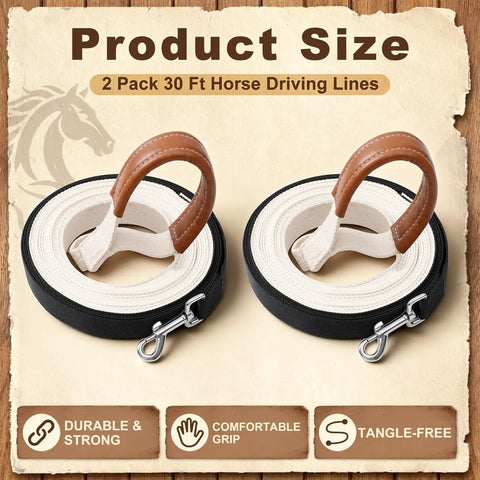 Two Pack 30 Foot Horse Driving Lines For Cart Training And Ground Driving, cotton web with leather grips and brass snaps