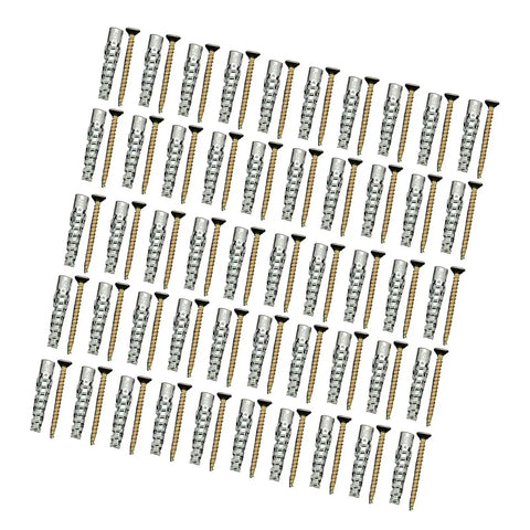 Heavy Duty Metal Expansion Anchors With Screws 50 Pack For Hollow Walls, silver M6x30 metal wall anchors with screws laid out on white background