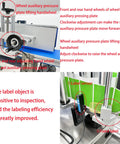 High Speed Automatic Round Bottle Labeling Machine With Desktop Conveyor Setup showing wheel auxiliary pressure plate controls.