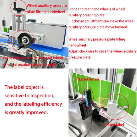 High Speed Automatic Round Bottle Labeling Machine With Desktop Conveyor Setup showing wheel auxiliary pressure plate controls.