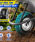 13 Inch Flat Free Wheelbarrow Tire 4.00 6 Heavy Duty With Universal Solid Tire And Five Eighth Inch Bearing Plus Three Quarter Inch Bearing Kit Replacement Wheel shown installed on a wheelbarrow.