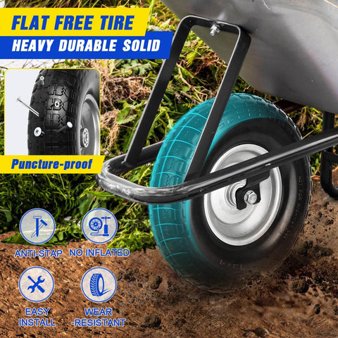13 Inch Flat Free Wheelbarrow Tire 4.00 6 Heavy Duty With Universal Solid Tire And Five Eighth Inch Bearing Plus Three Quarter Inch Bearing Kit Replacement Wheel shown installed on a wheelbarrow.